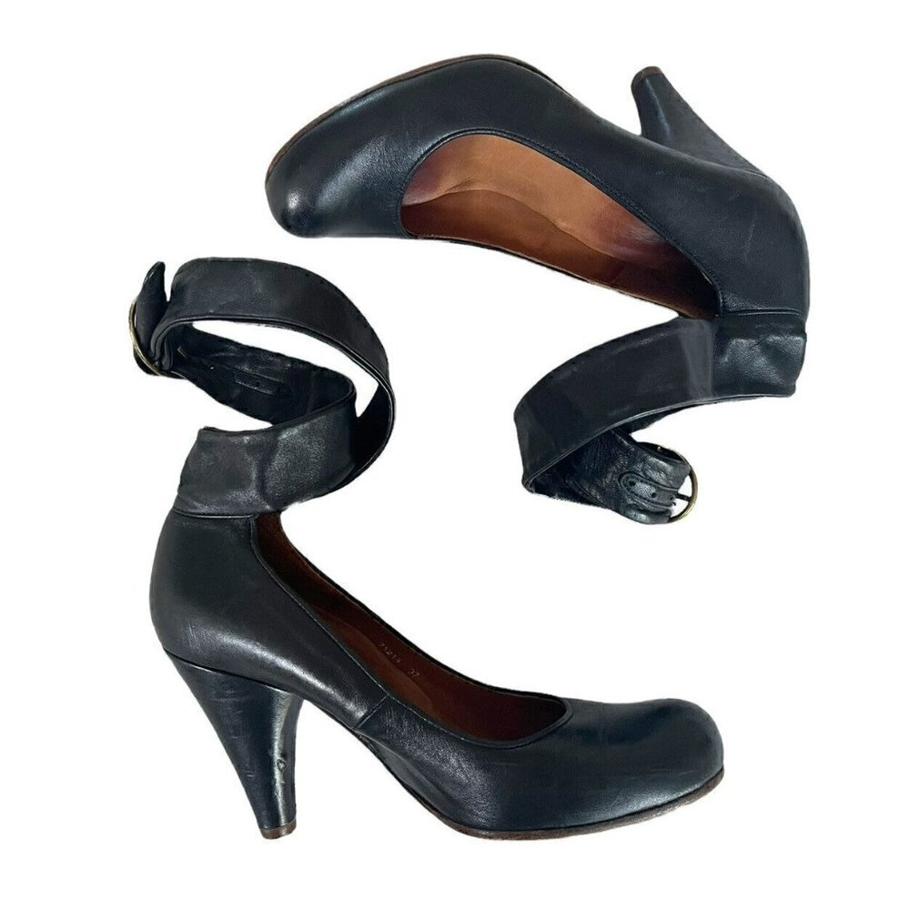 Chie Mihara Women's Sz 37 Black Leather Wrap Ankle Strap  Heels 6.5